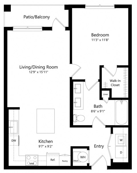 One Bedroom Floor Plan | 703 Sq. Ft. at The Gallery at Trinity Luxury Apartments in Trinity FL